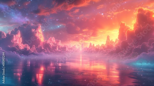 Vibrant Rainbow Hues Merge with Celestial Motifs and Crystalline Formations in a Stunning Digital Horizon