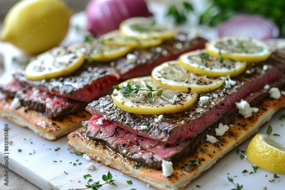 Grilled Steak With Lemons and Herbs on a Cutting Board