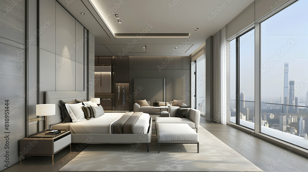 Modern minimalist style hotel bedroom renderings with floor-to-ceiling
