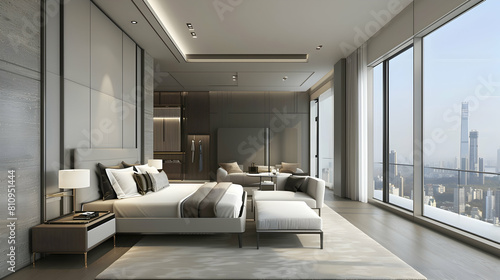Modern minimalist style hotel bedroom renderings with floor-to-ceiling windows, gray walls, a white sofa combination