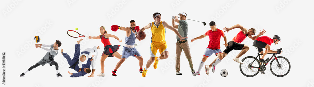 Sport collage. Various sports from soccer to fencing, capturing intense motion and diversity of athletics against white background. Concept of healthy lifestyle, professional sport, team, fitness. Ad