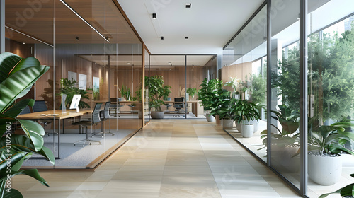 Modern office with glass walls, wooden furniture and plants in the corner of an open space area, interior design