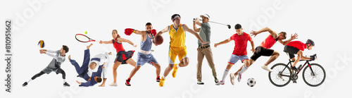 Sport collage. Various sports from soccer to fencing, capturing intense motion and diversity of athletics against white background. Concept of healthy lifestyle, professional sport, team, fitness. Ad © Lustre Art Group 