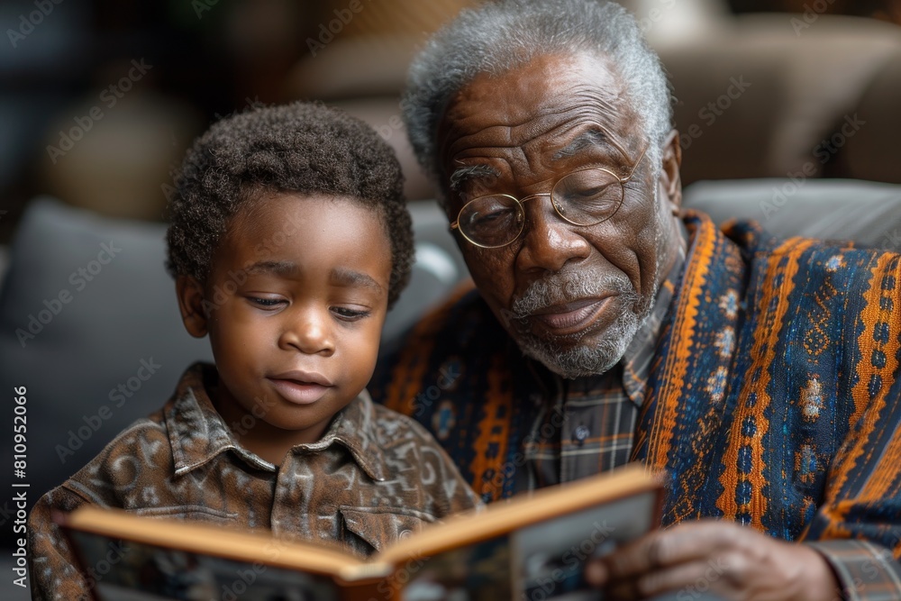A senior man with glasses shares a story with a young child from a book in a cozy setting