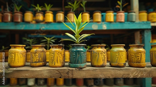   A row of jars with a plant sprouting from one sits on a shelf before a shelf full of more jars