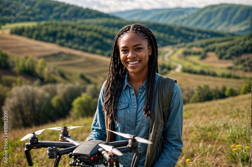 cheerful black woman, operating a drone in the field