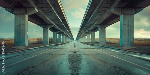 高架橋に挟まれた道路、地平線まで続く道
 photo