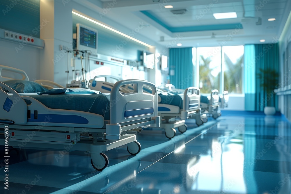 Sleek, modern hospital room design with reflective floors and calming blue color accents Sleek, modern hospital room design with reflective floors and calming blue color accents