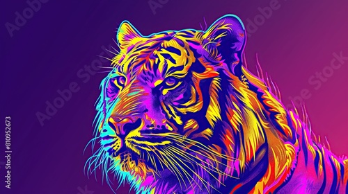 neon portrait of a tiger looking ahead in the style of pop art on a purple background. Generative Ai