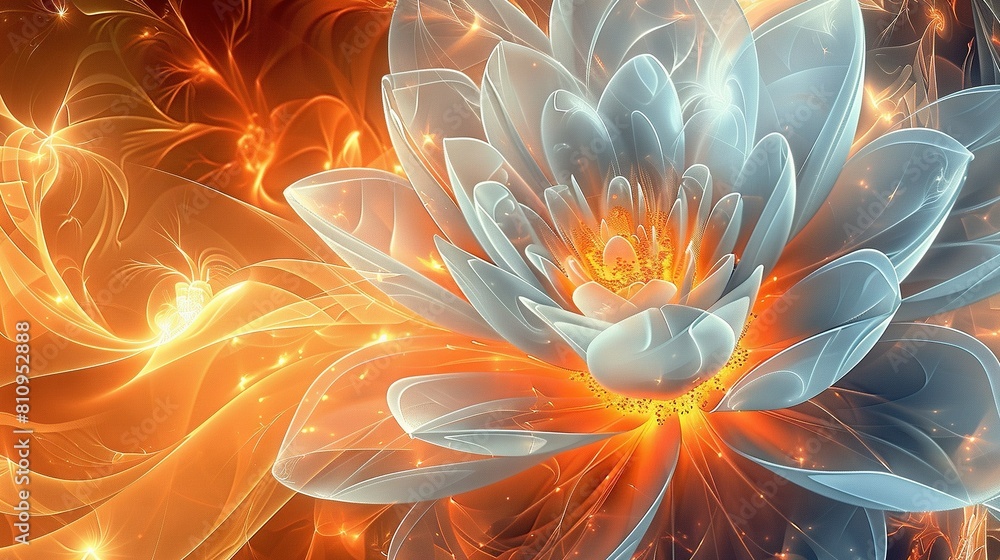 A large white bloom rests atop a lush green and orange garden filled with white and yellow sunlight A large white bloom rests atop a lush green and orange garden filled with white and yellow sunlight
