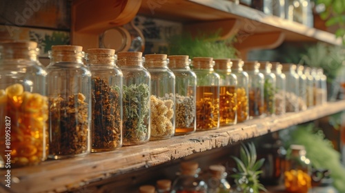 old-fashioned glass jars with cannabis oil, displayed on a wooden shelf, highlighting the use of natural remedies