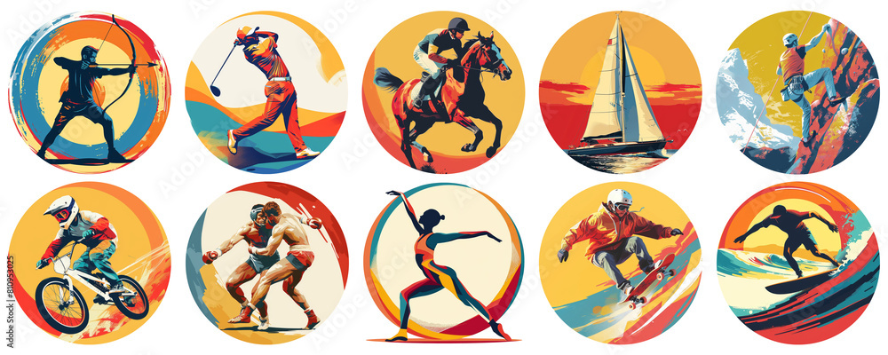 Rare and new Olympic sports in a circle. Flat illustrations. Summer sports in yellow, blue and red. Summer rest. Summer activities. Isolated on transparent background Rare and new Olympic sports in a circle. Flat illustrations. Summer sports in yellow, blue and red. Summer rest. Summer activities. Isolated on transparent background