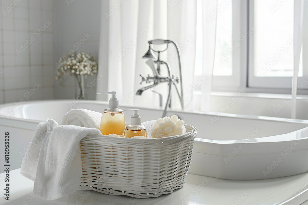 bathroom with wicker basket, yellow soaps, fluffy towels and bath in white tones