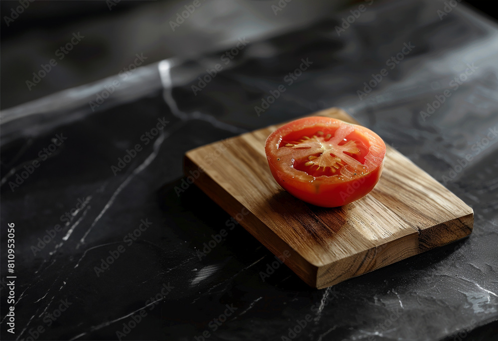 tomato open on a wooden board with a beautiful black worktop.