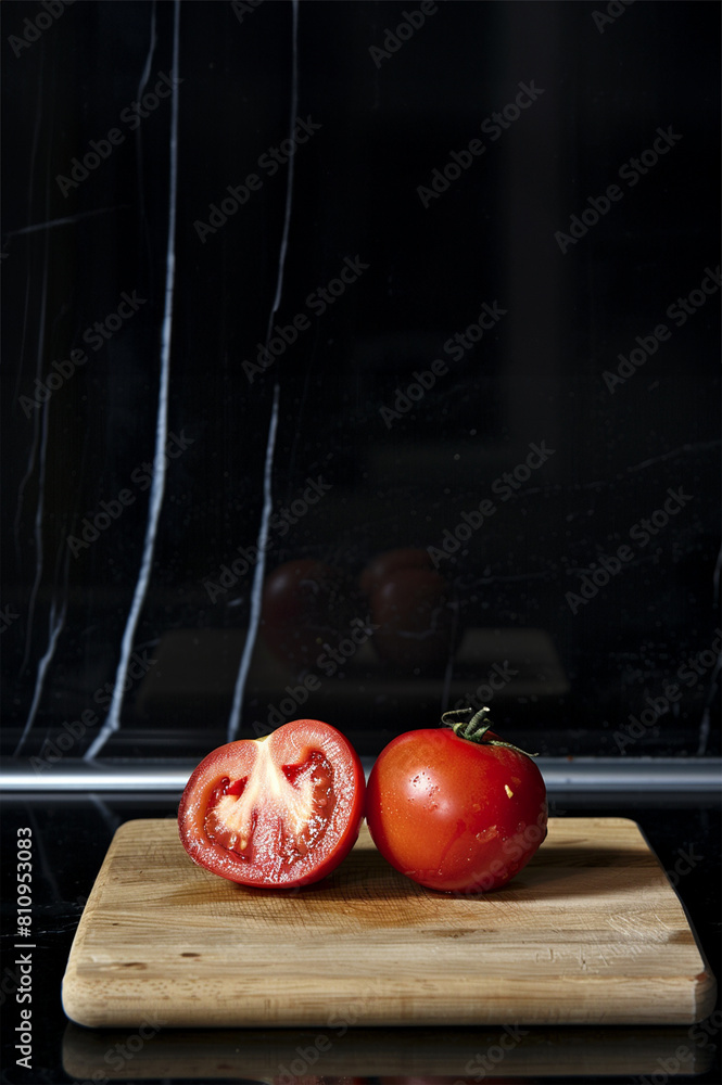 tomato open on a wooden board with a beautiful black worktop.