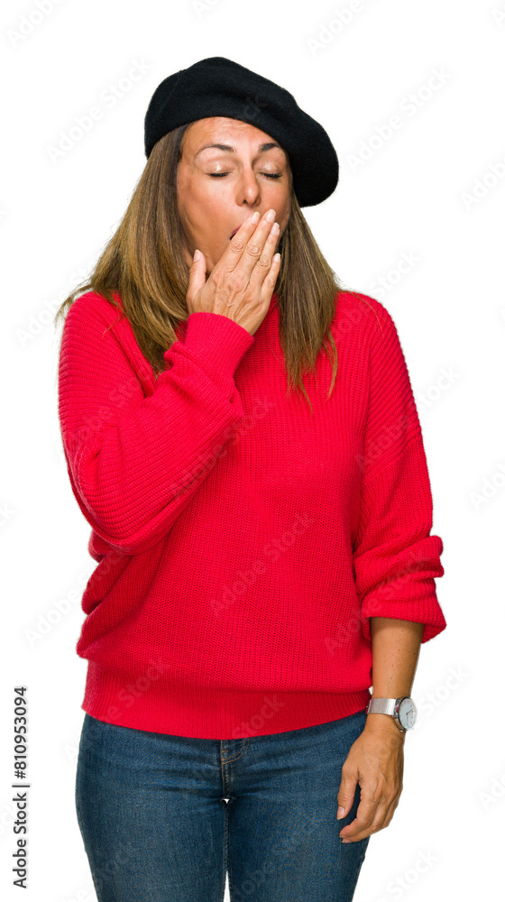 Middle age adult woman wearing fashion beret over isolated background bored yawning tired covering mouth with hand. Restless and sleepiness. Middle age adult woman wearing fashion beret over isolated background bored yawning tired covering mouth with hand. Restless and sleepiness.