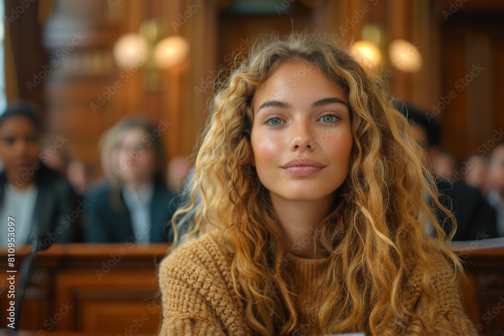 Portrait of a young woman with stunning blue eyes and curly blonde hair at a professional gathering Portrait of a young woman with stunning blue eyes and curly blonde hair at a professional gathering