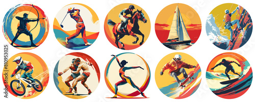 Rare and new Olympic sports in a circle. Flat illustrations. Summer sports in yellow, blue and red. Summer rest. Summer activities. Isolated on transparent background photo