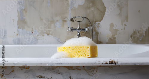 
yellow sponge in white bathtub