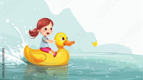 Little girl riding yellow duck Vector illustration. © Asad