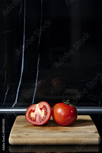 Obraz na płótnie tomato open on a wooden board with a beautiful black worktop. w salonie