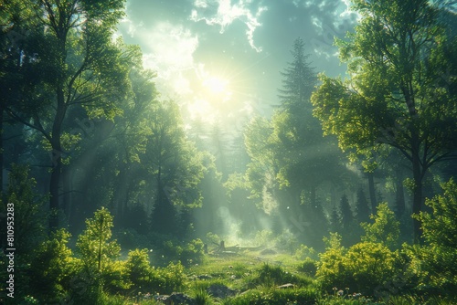 Sunlight filters through forest trees  creating a serene atmosphere