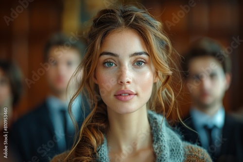 A beautiful young woman's contemplative gaze stands out in a blurred crowd