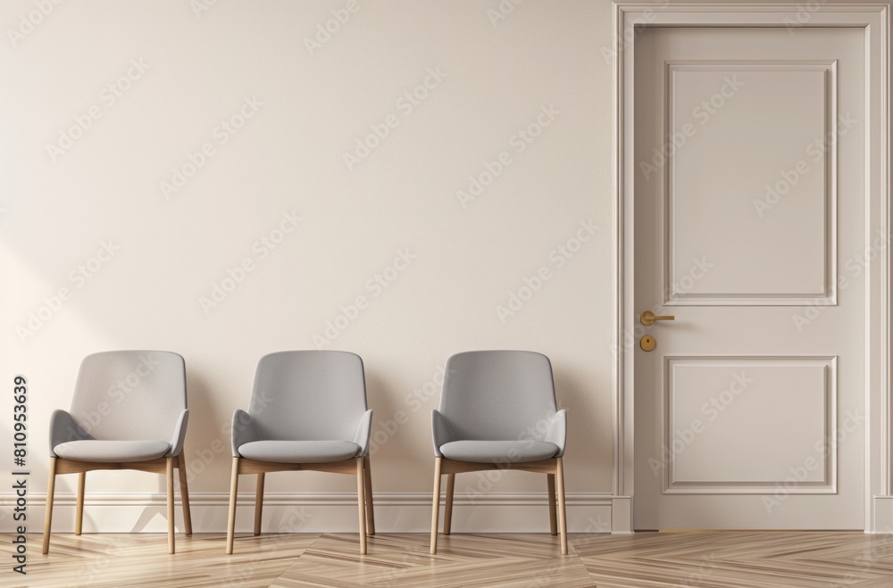 A waiting room with three grey chairs and an open white door on the right side, in a minimalist style with a light beige solid color background A waiting room with three grey chairs and an open white door on the right side, in a minimalist style with a light beige solid color background
