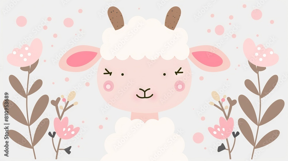 A white sheep with brown horns stands amidst pink flowers and a blue sky in the background A white sheep with brown horns stands amidst pink flowers and a blue sky in the background