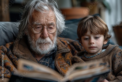 Grandfather and grandson deeply engrossed in a storybook in a homely setting