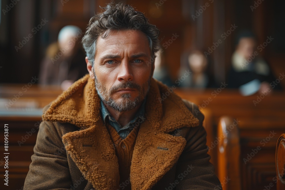 Close-up of a contemplative man in courtroom setting with fur collar and intense gaze Close-up of a contemplative man in courtroom setting with fur collar and intense gaze
