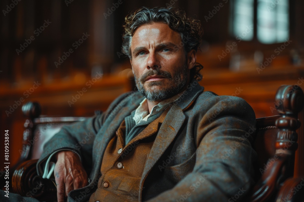 Well-dressed man sitting with dignity in leather courtroom chair