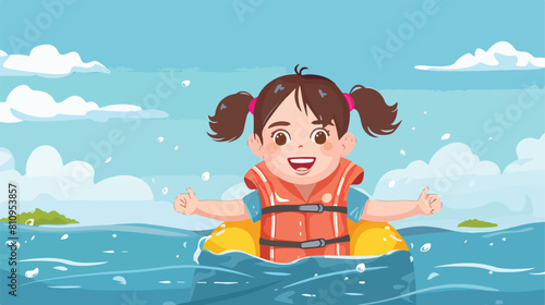 Little girl smiling wearing a life jacket with river