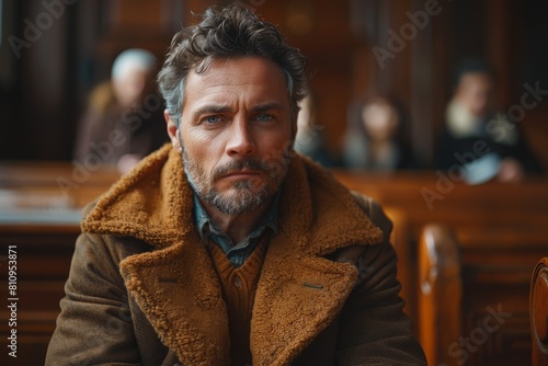 Close-up of a contemplative man in courtroom setting with fur collar and intense gaze