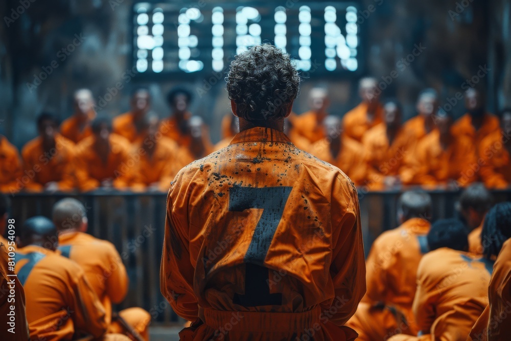 A solemn scene of a prisoner, number seven, amidst other inmates, all in orange jumpsuits in a prison setting with a neon 'HEIRUN' sign above A solemn scene of a prisoner, number seven, amidst other inmates, all in orange jumpsuits in a prison setting with a neon 'HEIRUN' sign above