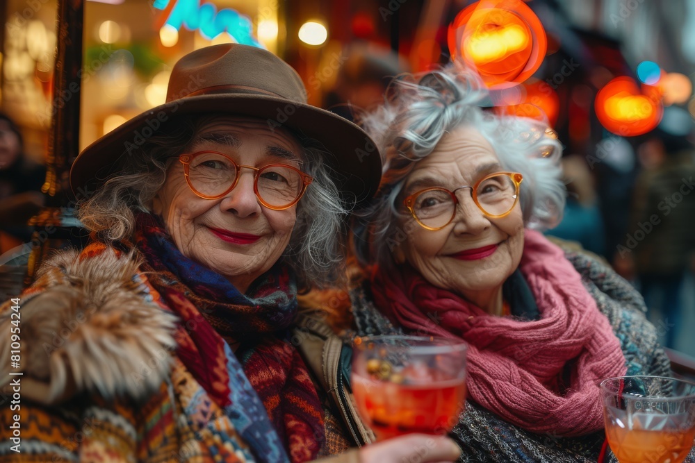 Cheerful elderly female friends share a warm moment over colorful cocktails at an outdoor cafe in the evening, happy ritrement age