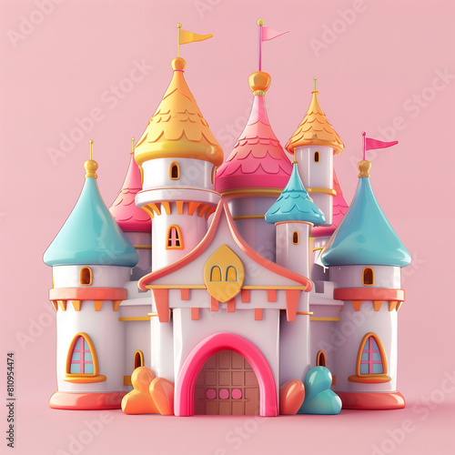 Pink color cartoon fantasy  fairytale castle isolated on pink background