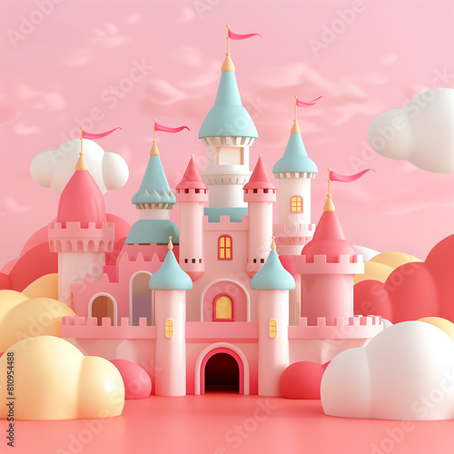 Pink color cartoon fantasy fairytale castle isolated on pink background