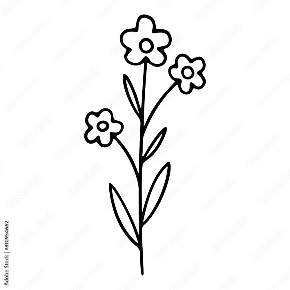 Hand drawn silhouette of a branch with a flower and leaves. Vector illustration.