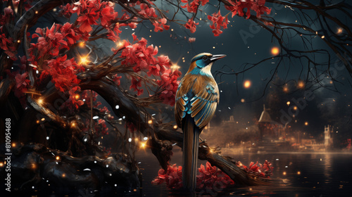 nice bird sitting on a tree with stars in the nightsky photo