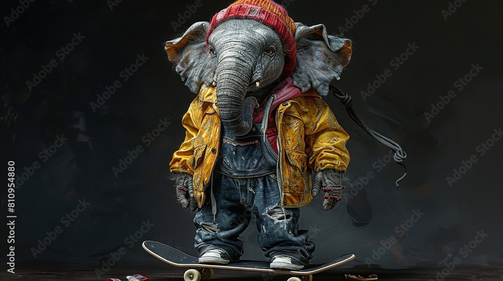 A statue of an elephant in a yellow jacket and red hat stands atop a skateboard A statue of an elephant in a yellow jacket and red hat stands atop a skateboard