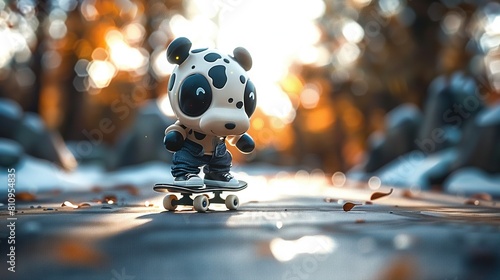   A Pandanimal skates down a snowy road with tall trees as a backdrop, showcasing its athletic prowess photo