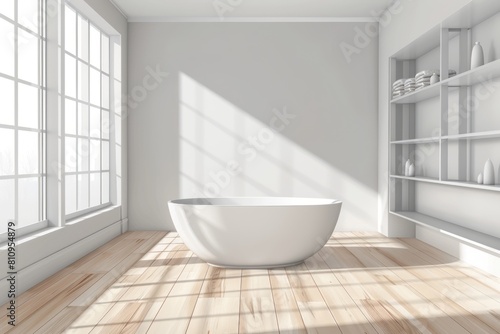 A white bathtub is placed on the wooden floor of an empty bathroom with large windows and shelves for storage, creating a minimalist style