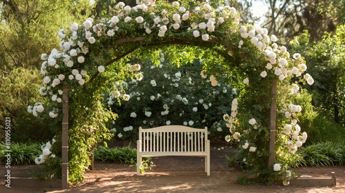 Charming Garden with Blooming White Roses and Vintage Bench Under Floral Archway in Gentle Morning Light