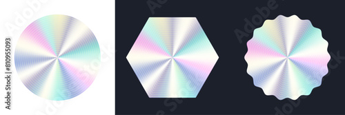 Holographic silver shapes. Vector mesh hologram, metallic foil stamps