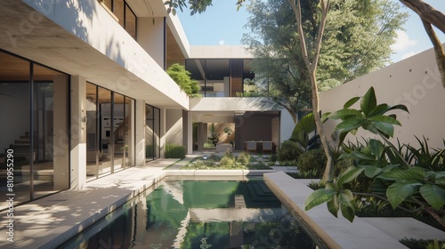 Modern cubic house with a central courtyard pool, side view highlighting geometric design. © Faisal Ai