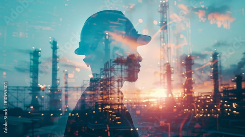 Double exposure of a man wearing hard hat with an industrial zone in the background photo