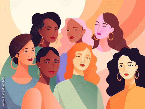 Female diverse faces of different ethnicity poster. Women empowerment movement pattern colorful. International women´s day 8 march graphic in vector illustration.