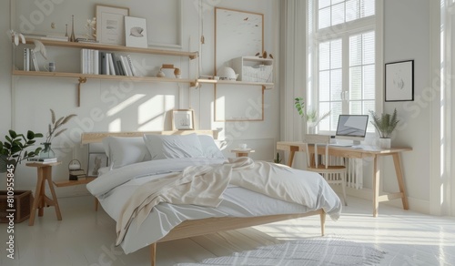A white bedroom with wooden accents, featuring an elegant bed and desk setup, set against a wall with blank space for mockups or artwork
