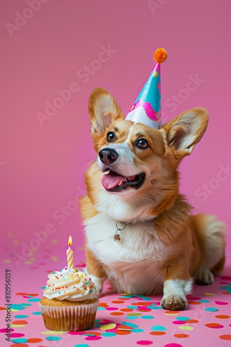 corgi dog wearing a party hat with a cupcake with one candle, confetti, solid color background, fun dog birthday © World of AI